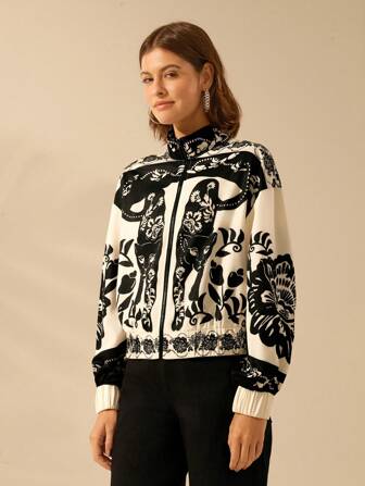 CAJUNI Women's Boho Resort Black & White Leopard, Peony Floral Retro Print Turtleneck Long Sleeve Zip Up Thin Jacket For Autumn/Winter
