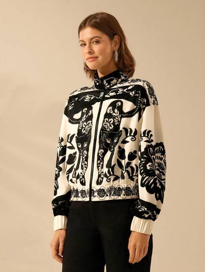 CAJUNI Chaqueta fina con cuello alto, cremallera y mangas largas con estampado retro de leopardo en blanco y negro, y flores de peonía para mujer, ideal para otoño/invierno