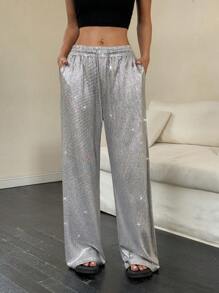 SHEIN Unity 女士高品质闪亮飘逸长裤，适合返校、派对 - 銀色 - 查看 3