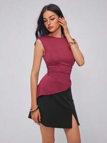 Roylia Women's Sexy Slim Fit Ruched Shoulder T-Shirt, Round Neck, Summer - Red - View 5