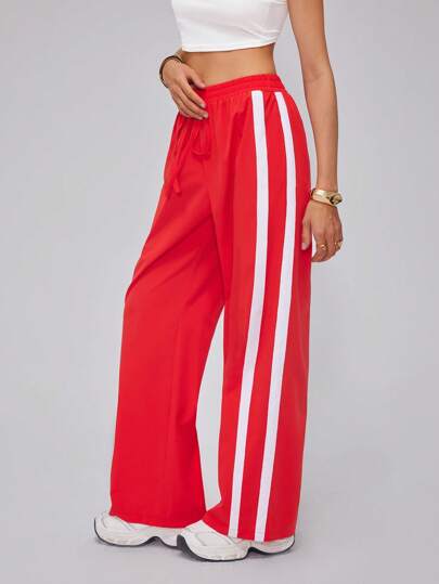 Roylia Summer Women Casual Red & White Striped Straight Leg Pants, Elastic Waist With Bow Decor Fall Cloth For Women
