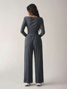 Easelle Women's Knitted Slim Fit Suit Set, Dark Grey