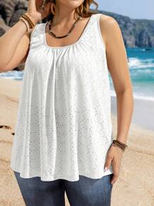 EMERY ROSE Plus Size Casual Eyelet Embroidery Tank Top, Sleeveless Minimalist Style, Suitable For Holiday Spring Vacation - White - View 7