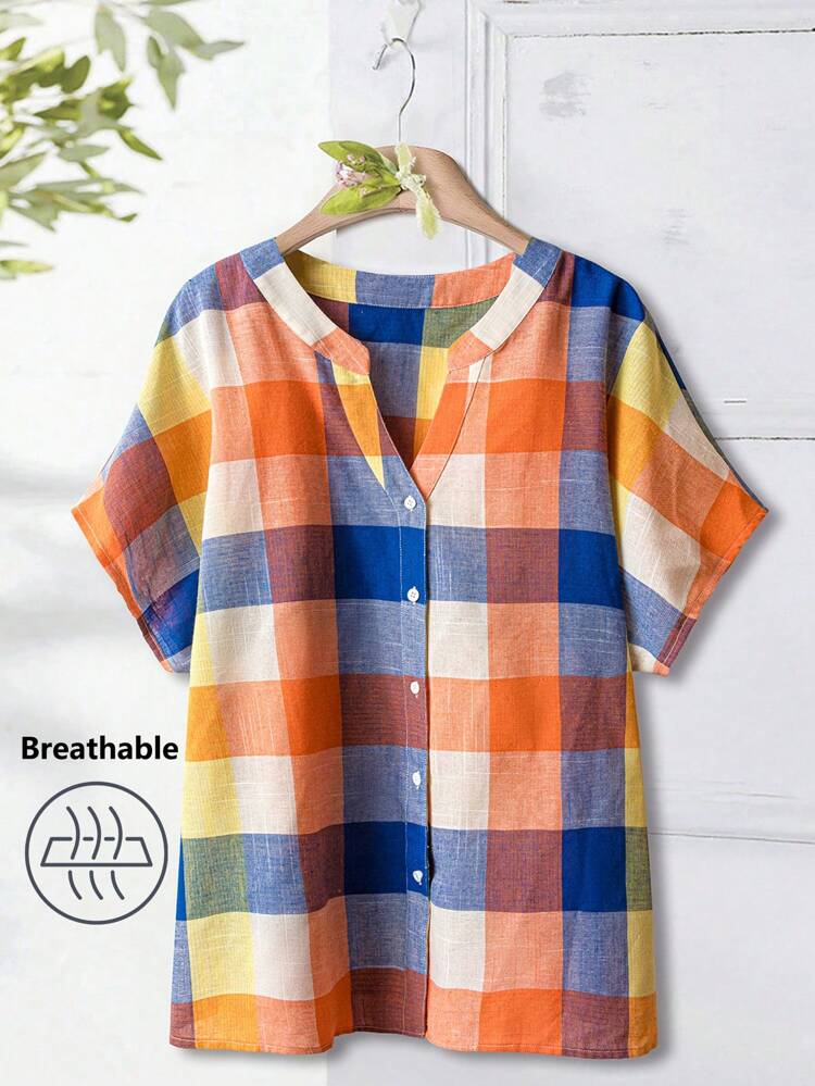 Notched V-Neck Country Casual Multi-Color Plaid Stitching Plus Size Button-Down Loose Fit Tunic Blouse Suitable For Summer Boho Women Clothing Loose  Loose Fit