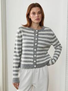 EURMUSE Brushed Yarn Stripe Pattern Grey Long Sleeves Front Button Cardigan,Cardigans For Women,Petite Cardigans,Cardigans - Grey - View 2