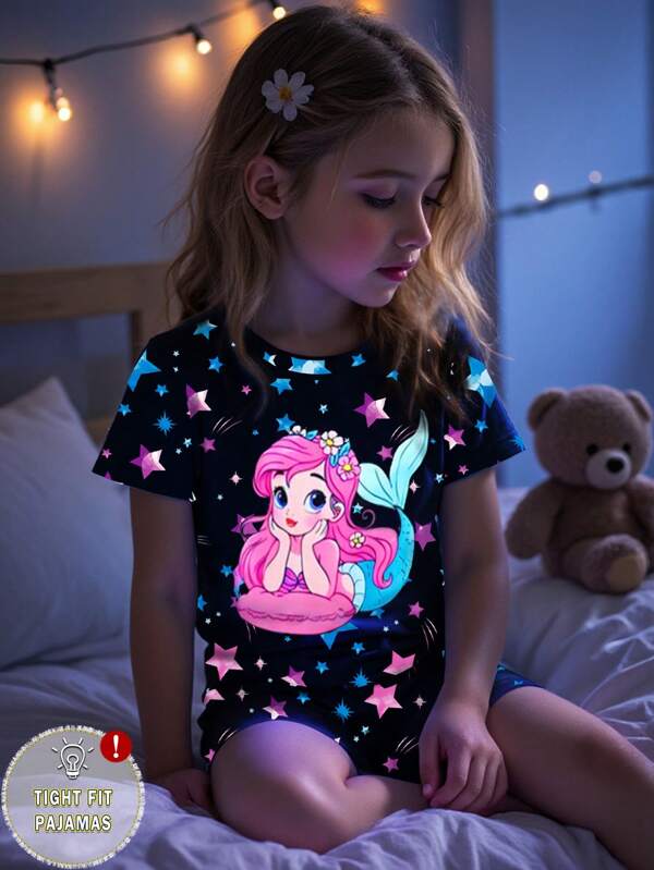 Young Girls Pajamas 2pcs/Set Black Glow-In-The-Dark Mermaid Princess & Stars Print Snug Fit Short Sleeve Shorts Sleepwear