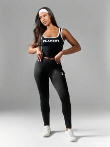 Missguided x Playboy High Waisted Athletic Workout Leggings Compression Activewear Gym Pants With Chic Logo Detail Running Fitness Essential - Black - View 3