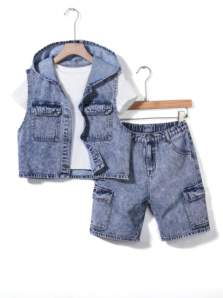 SHEIN 2pcs/Set Tween Boy New Spring/Summer Hooded Sleeveless Denim Vest & Cargo Denim Shorts - Medium Wash - View 1