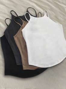 SHEIN Áo thun nữ cổ tròn màu trơn đơn giản có dây đeo mảnh có thể điều chỉnh, mùa hè - Nhiều màu - Xem 3