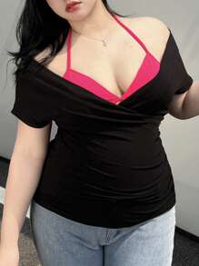 Dazy Plus Camiseta negra de verano de manga corta con hombros descubiertos, ajustada y corta, para salir, talla grande