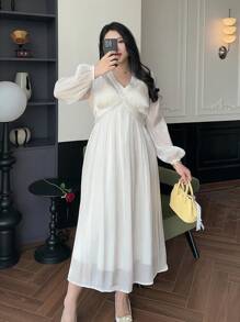 Dazy Plus 加大码 V 领撞色蕾丝收腰灯笼袖长款白色连衣裙，正式女士连衣裙，秋季连衣裙长袖连衣裙 - 白色 - 查看 7