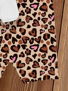 SHEIN 2pcs/Set Baby Girls Leopard Print Bunny & Cute Bear Graphic White Short Sleeve T-Shirt And Leopard Pattern Knitted Shorts Set - Multicolor - View 6
