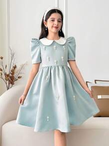 青少年女孩办公室优雅翻领短袖连衣裙 - 薄荷綠 - 查看 2
