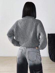 CasuGlow Suéter holgado de cuello alto informal cómodo y acogedor para mujer - Gris - Ver 2