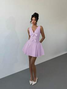 Aloruh Nuevo vestido mini acampanado con cuello en V, decoración de lazo, dulce y lindo para vacaciones, citas o Día de San Valentín romántico - Morado - Ver 6