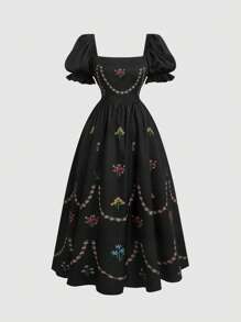 SHEIN MOD Plus Size Women Black Dress With Placement Print, Long Length,Summer Outfits For Women - Black - View 1