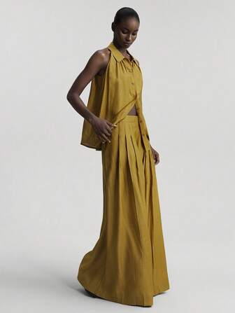 Ontre 2 件套舒适休闲风格女装，羊毛和天丝混纺，芥末色，无袖衬衫领和阔腿裤，2025 年新品，适合所有季节，商务休闲办公装，高品质机场时尚