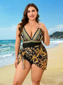 Swim Lushoire 1pc Palm Tree Print Plus Size One-Piece Swimsuit For Women For Summer Beach Vacation