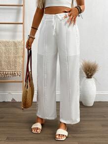 Pantalon blanc élégant avec un empiècement et une bordure en dentelle avec nœud papillon pour les vacances - Blanc - Voir 1