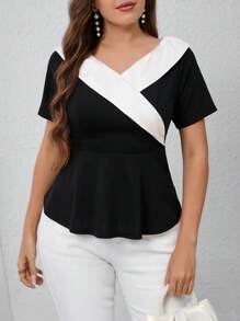 Modelyn Plus Size Elegant Colorblock Faux Pearl Decor T-Shirt, Summer - Black and White - View 5
