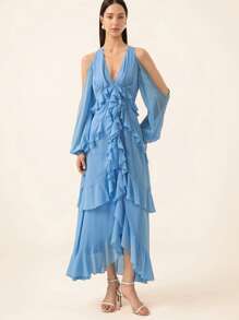 GENKIRA Romantic Italian Style Ruffle Deep V-Neck Ruffle Trim Chiffon Dress, Valentine's Day Elegant FashionableOld Money Style  For Summer - Blue - View 3