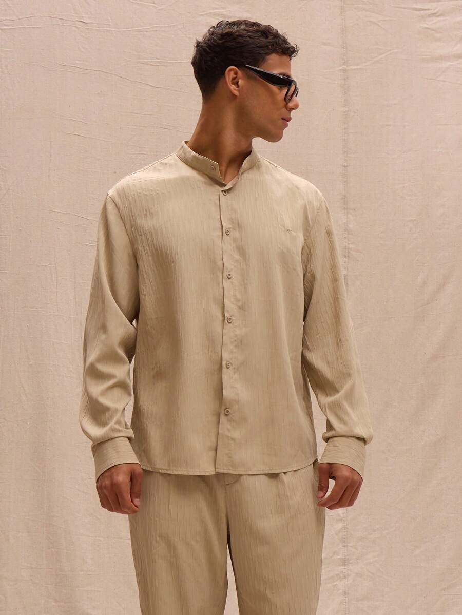 Musero Tailored High Neck Pinstripe Button Through Shirt Smart Spring Summer Holiday Vacation - Khaki - View 1
