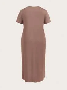 SHEIN EZwear Vestido casual holgado de manga corta con abertura para mujer de talla grande en color marrón