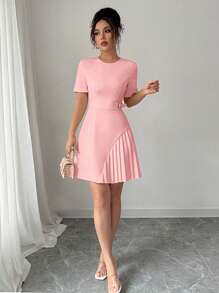 Elenzga 新款杏色圆领短袖褶饰腰部和下摆优雅连衣裙，适合春夏季女士
