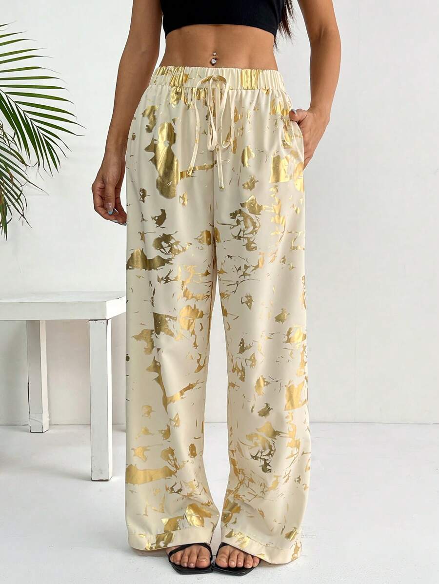 Chiquease Straight Leg Foil Tie Waist Casual Pants, Spring/Summer