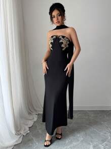 Breezaya Robe bandeau noire brodée pour femmes, style vacances, printemps/été