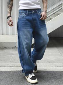 Manfinity EMRG Men's Loose Fit Wide Leg Casual With Pockets  Blue Jeans