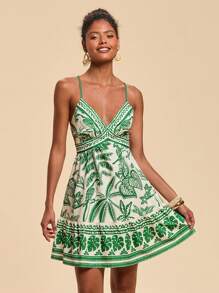 Travachic Woven Print Open Back Mini Dress For Women, Tea Party Dress, Summer Dresses For Women, Graphic Print Summer Outfits For Women, Vacation Outfits Woman, Boho Chic,Beach Outfits For Woman, Casual Woman Flowy Sun Dress , Tropical Outfits Women, Graduation Outfit,  Suitable For Holiday , Afternoon Tea, Wedding Season, Beach Cruise Vacation, City Road Trip Vacation, Boho Vacation, Music Festival , Beachwear, Easter, Beach Outfits For Woman, Elegant Dress For Women, Vacation Outfits Women, Concert Outfit Women, Tropical Vacation Woman Clothes, Holiday Outfits, Bohemian Clothes,For Spring Sunmmer And Autumn - Green - View 4