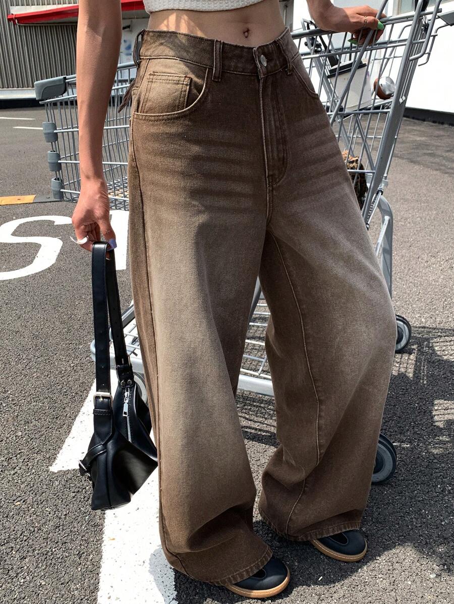 DAZY 女式高腰阔腿水洗牛仔裤 - 棕色 - 查看 1