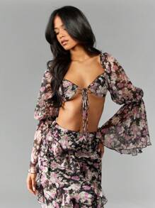 MISSGUIDED 花卉雪纺长袖 Bralette 上衣泡泡袖系带前部节日夏季海滩波西米亚风短款上衣，带褶边细节 - 彩色 - 查看 5