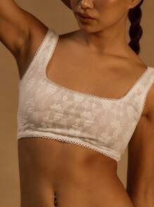 MUSERA Extreme Square Neck Patterned Lace Strappy Cropped Top For Ibiza, Holiday, Spring, Summer, Vacation, Beach, White Isle