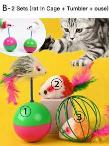 彩色笼鼠缓解无聊趣味玩具套装 - 让您的猫咪通过互动滚球和老鼠玩具保持娱乐 颜色随机 - 彩色 - 查看 8