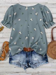 SHEIN LUNE Blusa de manga abullonada con cuello cuadrado y estampado floral verde de estilo minimalista informal, adecuada para vacaciones de verano en tallas grandes