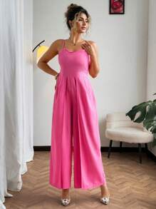 Flirla Bộ đồ liền thân ống rộng màu trơn cỡ lớn, mùa hè - Hồng - Xem 5