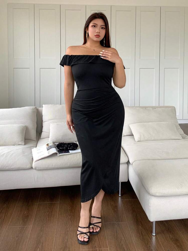 Dazy Plus Plus Size Solid Black Ruffled Off Shoulder High Slit Dress,Formal Women Dresses Cocktail Dress