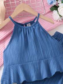 SHEIN Vintaside Kids 女童纯色荷叶边下摆吊带背心和裤子两件套 - 藏蓝色 - 查看 4