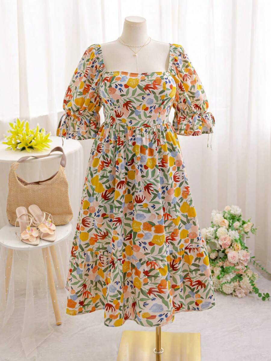 Soleia 大码女式V领泡泡袖系带蝴蝶结夏季长款连衣裙 - 彩色 - 查看 1