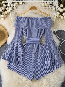 Women's Striped Off-Shoulder Bell Sleeve Romper, Casual Holiday Style - Blue - View 2
