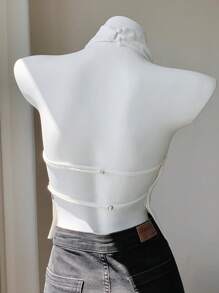 Comfortcana Top a camicia da donna in lino senza schienale, con spalline a spaghetti, ideale per le vacanze estive