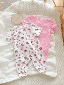 SHEIN 2pcs Newborn Baby Girls' Cute Heart Pattern & Ditsy Floral Long Sleeve Romper Set
