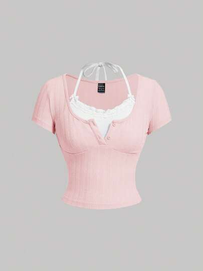 SHEIN MOD Coqueta camiseta de verano de 2 en 1 para mujeres con manga corta, lazo de ballet, encaje y tono rosa