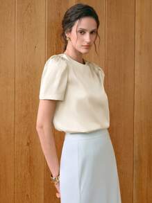 Uhlyne Crew Neck Short Sleeve Twill Women Elegant Commuting Shirt - Apricot - View 5