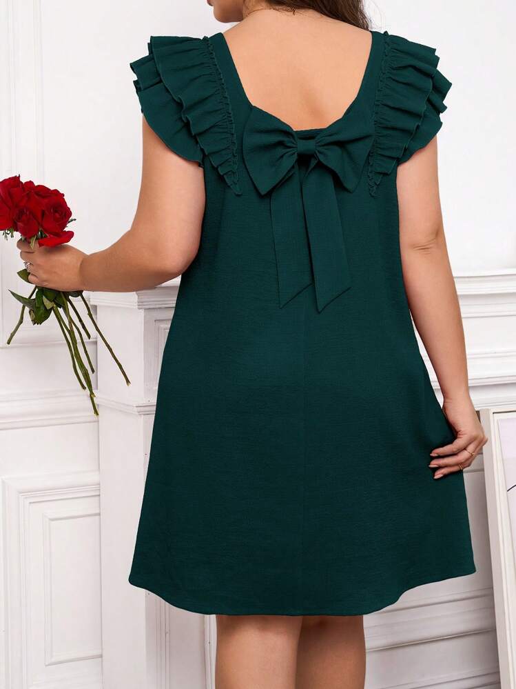 SHEIN Clasi Plus Size Women Spring Dress Red Color Bowknot Back Decor Straight Mini Dress, Elegant For Everyday Wear And Outing,Summer Outfits For Women - Dark Green - View 1