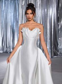 Glamrae 优雅简约 3D 花卉造型贝壳形后背系带设计宽 A 字形美人鱼尾婚纱 - 白色 - 查看 6