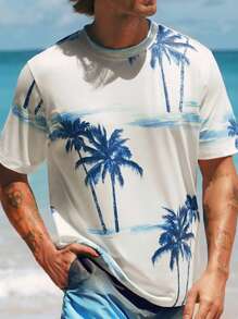 Manfinity VCAY Men's Casual Palm Tree Print Knit Crew Neck T-Shirt, Suitable For Summer