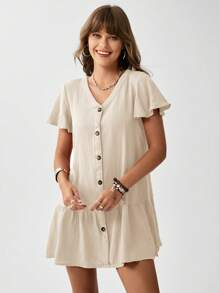 SHEIN LUNE Butterfly Sleeve Ruffle Hem Smock Dress Without Belt - Khaki - View 5